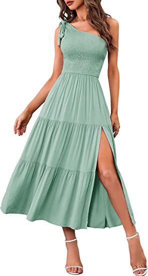 2024 New Summer Fashion Women's One-shoulder Pleated Layered Hem Split Dress