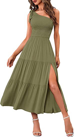 2024 New Summer Fashion Women's One-shoulder Pleated Layered Hem Split Dress