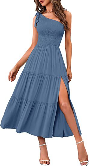 2024 New Summer Fashion Women's One-shoulder Pleated Layered Hem Split Dress