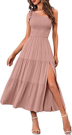 2024 New Summer Fashion Women's One-shoulder Pleated Layered Hem Split Dress